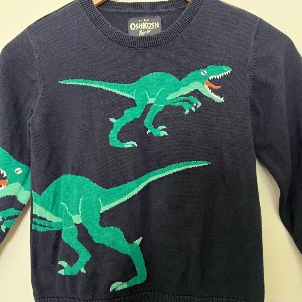 OshKosh B'Gosh Sweater Boys Size 8 Navy Blue Dinosaur Dino Crew Neck Cotton